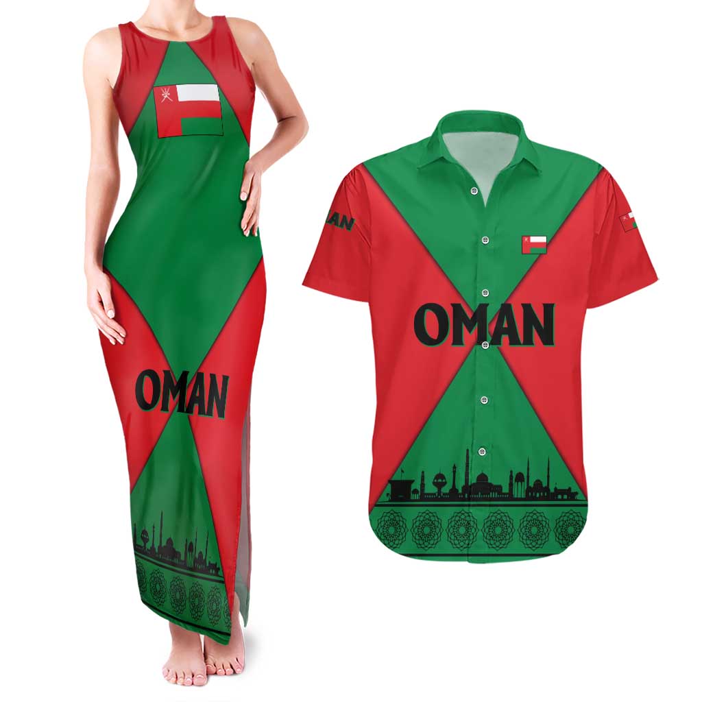 Oman Couples Matching Tank Maxi Dress and Hawaiian Shirt with National Flag Colors and Crossed Khanjar Emblem Design