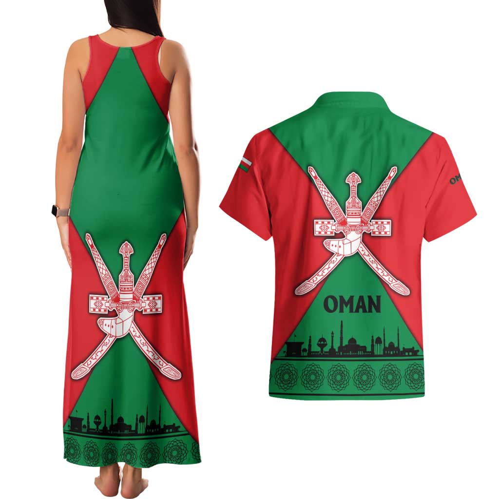 Oman Couples Matching Tank Maxi Dress and Hawaiian Shirt with National Flag Colors and Crossed Khanjar Emblem Design