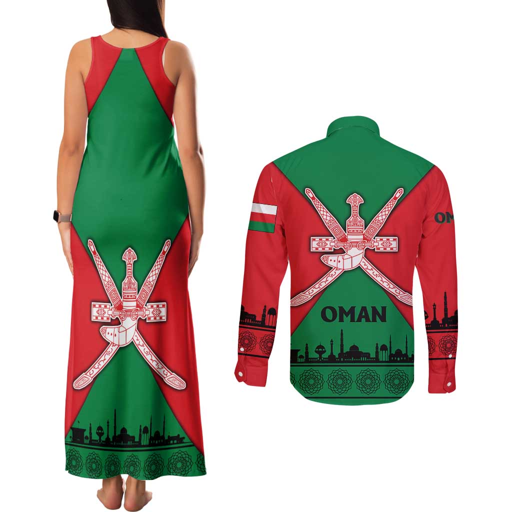 Oman Couples Matching Tank Maxi Dress and Long Sleeve Button Shirt with National Flag Colors and Crossed Khanjar Emblem Design