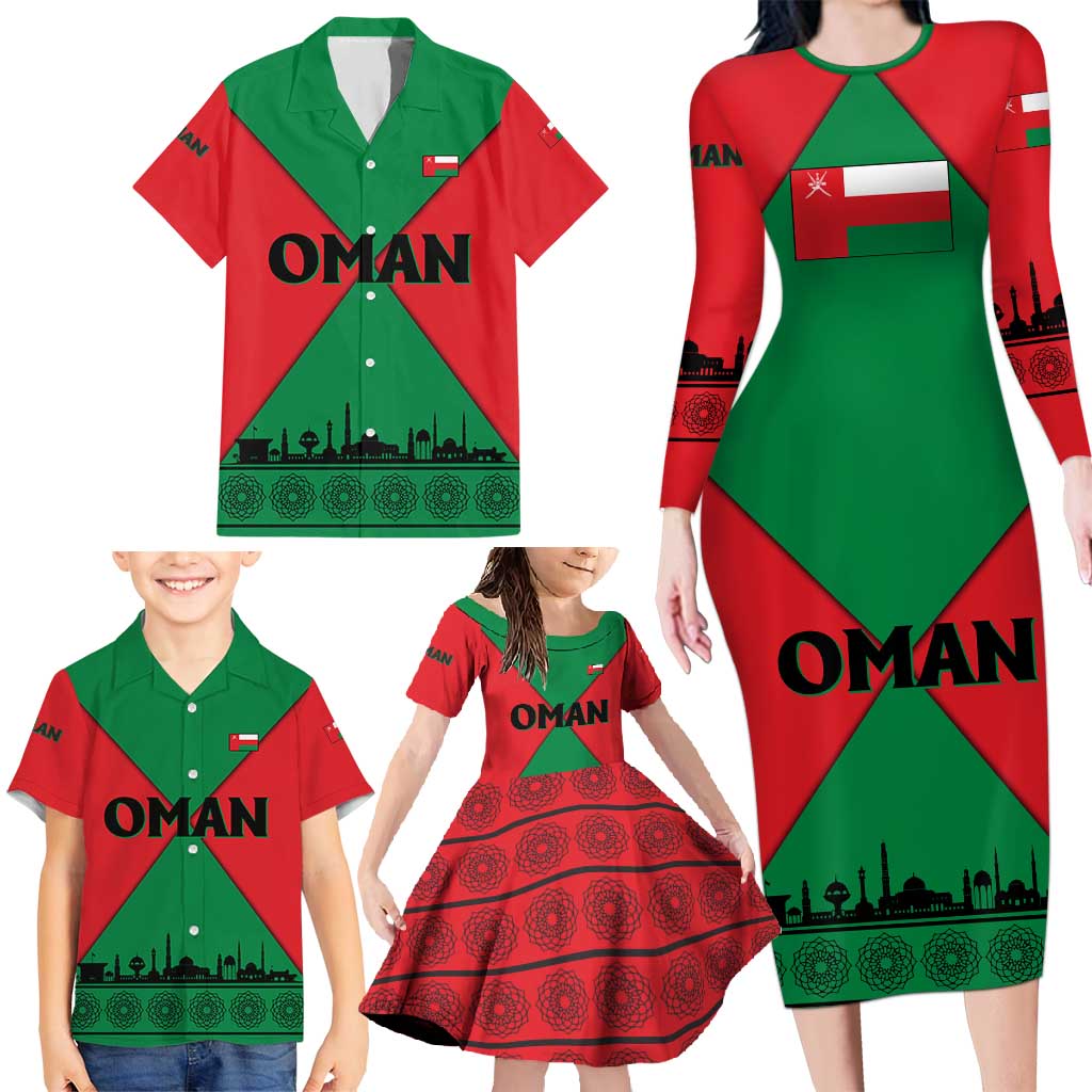 Oman Family Matching Long Sleeve Bodycon Dress and Hawaiian Shirt with National Flag Colors and Crossed Khanjar Emblem Design