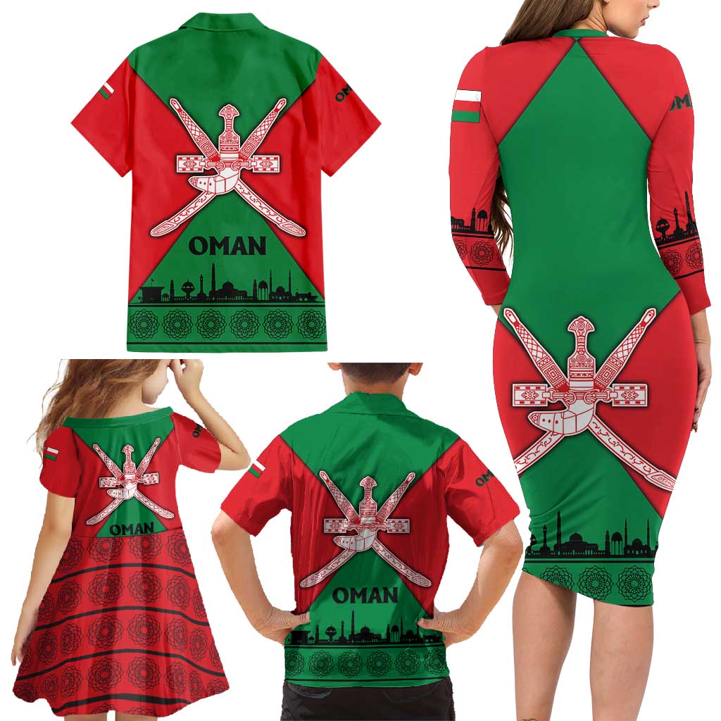 Oman Family Matching Long Sleeve Bodycon Dress and Hawaiian Shirt with National Flag Colors and Crossed Khanjar Emblem Design