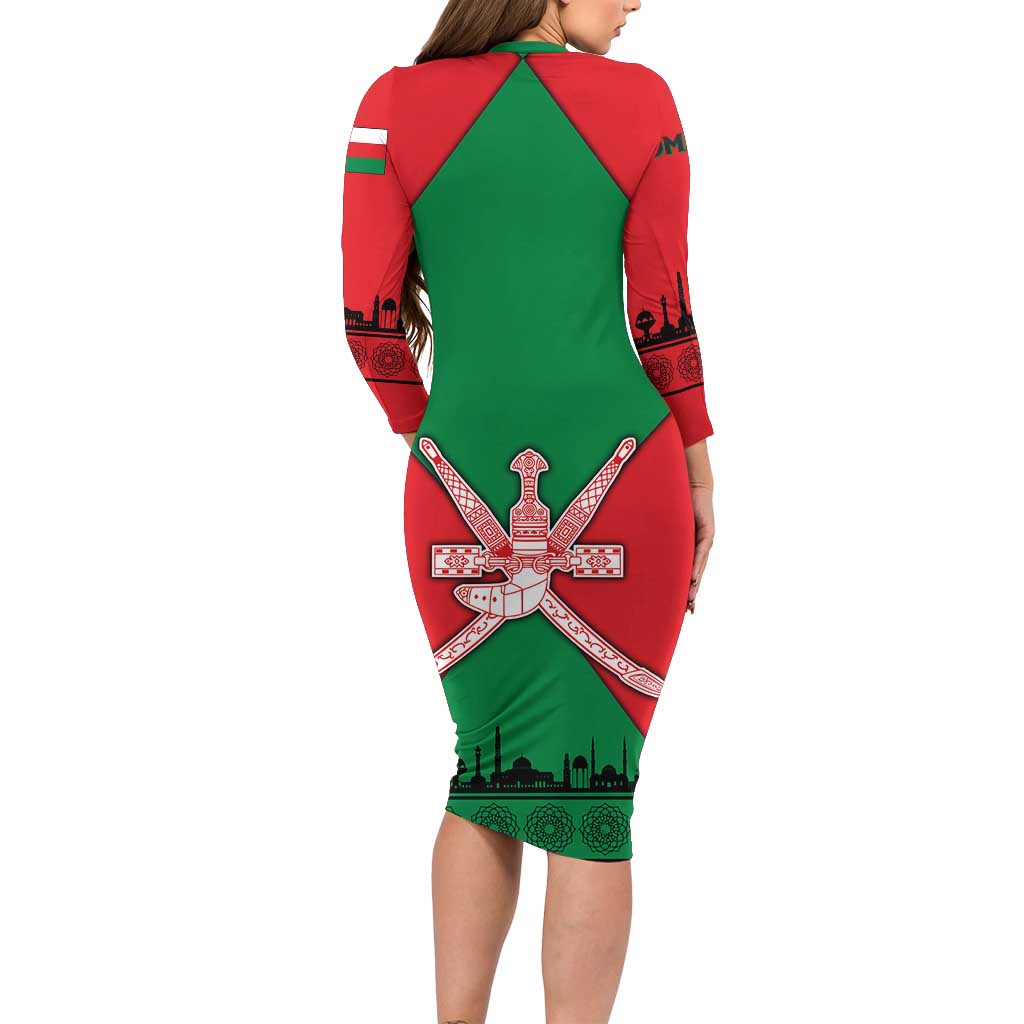 Oman Family Matching Long Sleeve Bodycon Dress and Hawaiian Shirt with National Flag Colors and Crossed Khanjar Emblem Design