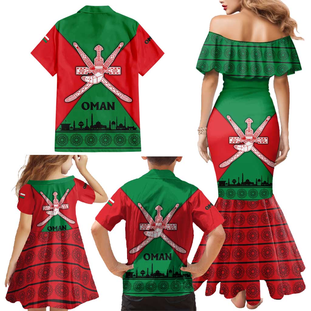 Oman Family Matching Mermaid Dress and Hawaiian Shirt with National Flag Colors and Crossed Khanjar Emblem Design