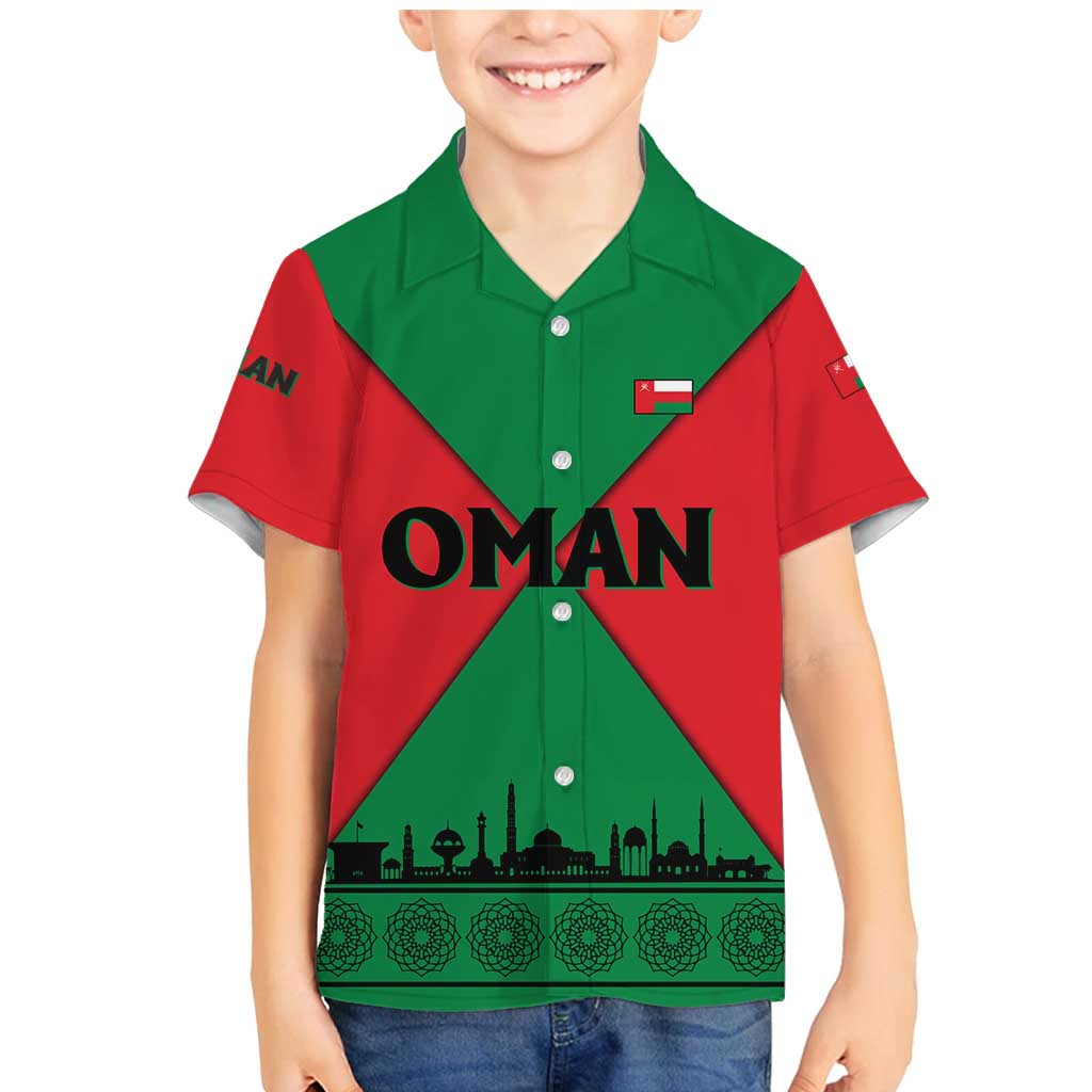 Oman Family Matching Mermaid Dress and Hawaiian Shirt with National Flag Colors and Crossed Khanjar Emblem Design