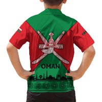 Oman Family Matching Off The Shoulder Long Sleeve Dress and Hawaiian Shirt with National Flag Colors and Crossed Khanjar Emblem Design