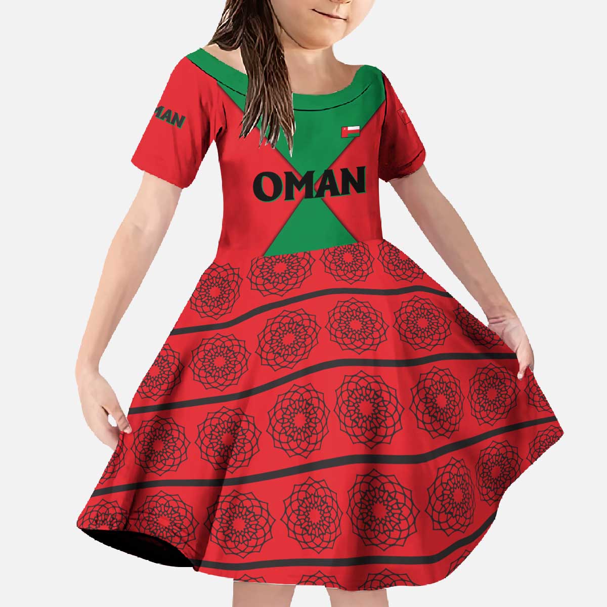 Oman Family Matching Off The Shoulder Long Sleeve Dress and Hawaiian Shirt with National Flag Colors and Crossed Khanjar Emblem Design