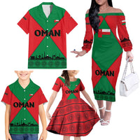 Oman Family Matching Off The Shoulder Long Sleeve Dress and Hawaiian Shirt with National Flag Colors and Crossed Khanjar Emblem Design