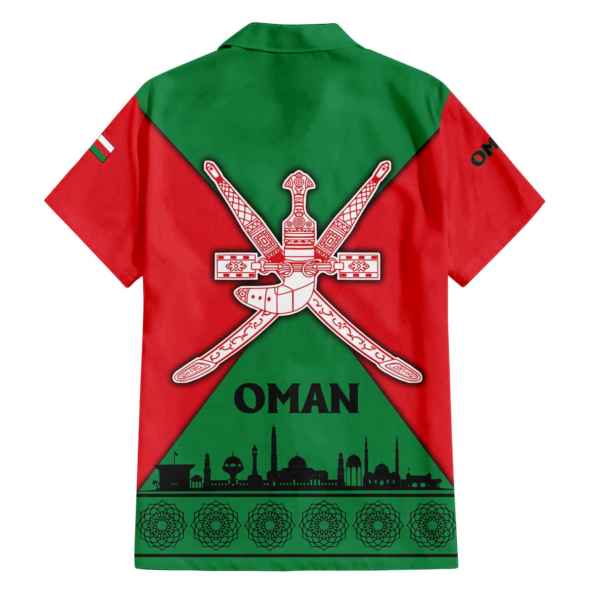 Oman Family Matching Off The Shoulder Long Sleeve Dress and Hawaiian Shirt with National Flag Colors and Crossed Khanjar Emblem Design