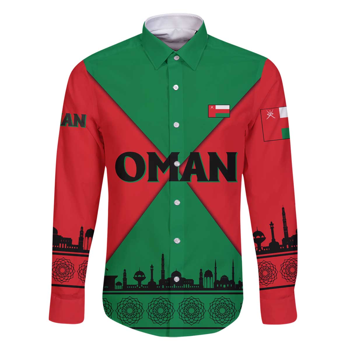 Oman Family Matching Off The Shoulder Long Sleeve Dress and Hawaiian Shirt with National Flag Colors and Crossed Khanjar Emblem Design