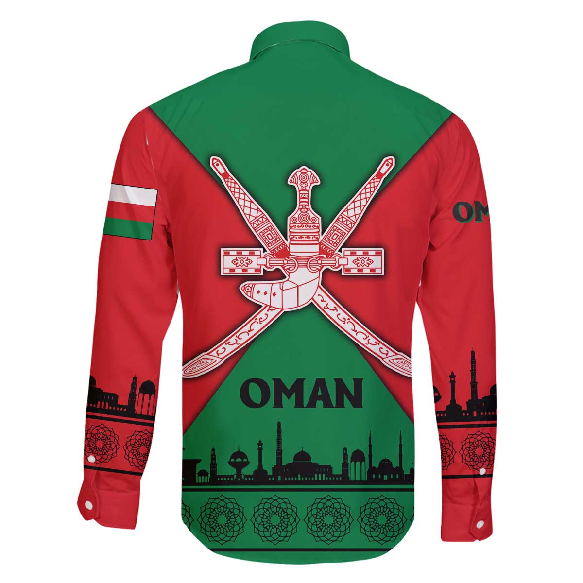 Oman Family Matching Off The Shoulder Long Sleeve Dress and Hawaiian Shirt with National Flag Colors and Crossed Khanjar Emblem Design
