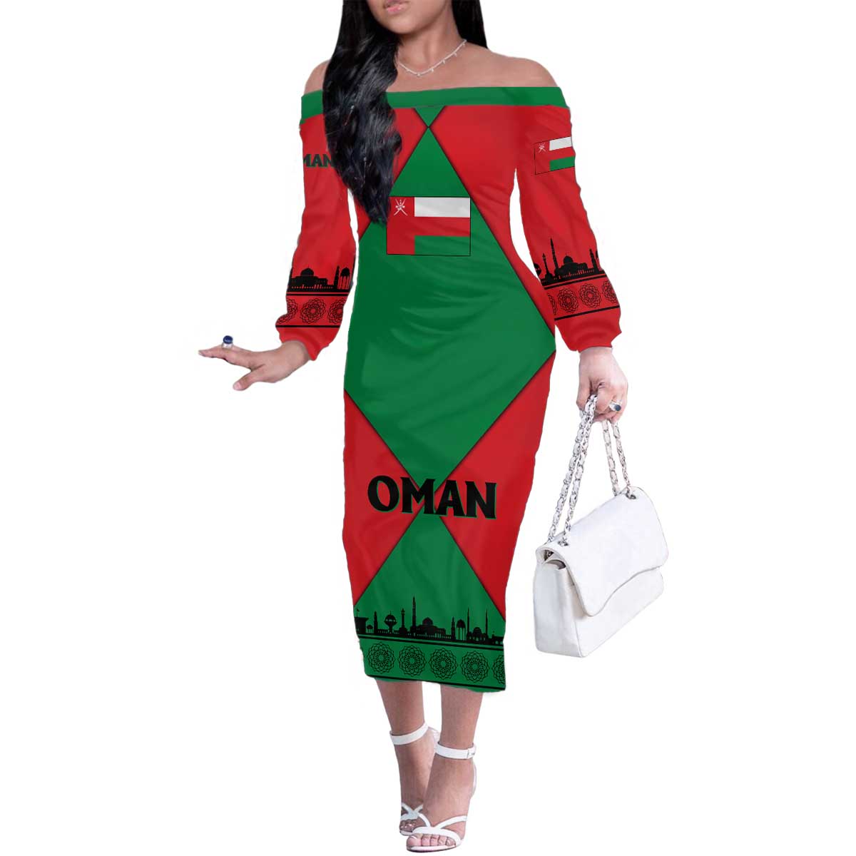 Oman Family Matching Off The Shoulder Long Sleeve Dress and Hawaiian Shirt with National Flag Colors and Crossed Khanjar Emblem Design