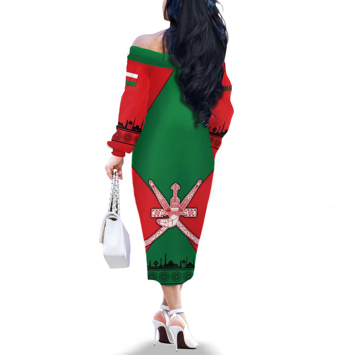 Oman Family Matching Off The Shoulder Long Sleeve Dress and Hawaiian Shirt with National Flag Colors and Crossed Khanjar Emblem Design