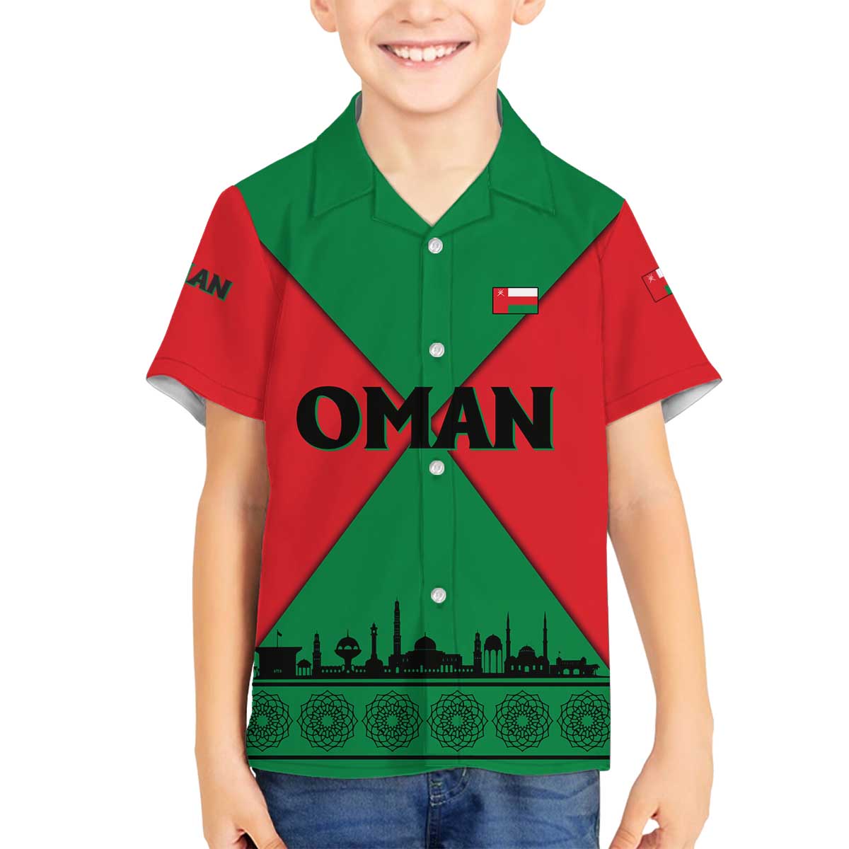 Oman Family Matching Off The Shoulder Long Sleeve Dress and Hawaiian Shirt with National Flag Colors and Crossed Khanjar Emblem Design
