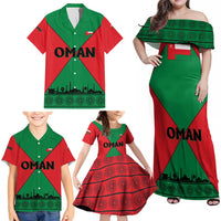 Oman Family Matching Off Shoulder Maxi Dress and Hawaiian Shirt with National Flag Colors and Crossed Khanjar Emblem Design