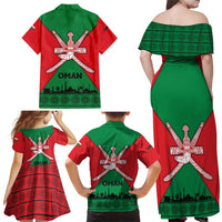 Oman Family Matching Off Shoulder Maxi Dress and Hawaiian Shirt with National Flag Colors and Crossed Khanjar Emblem Design