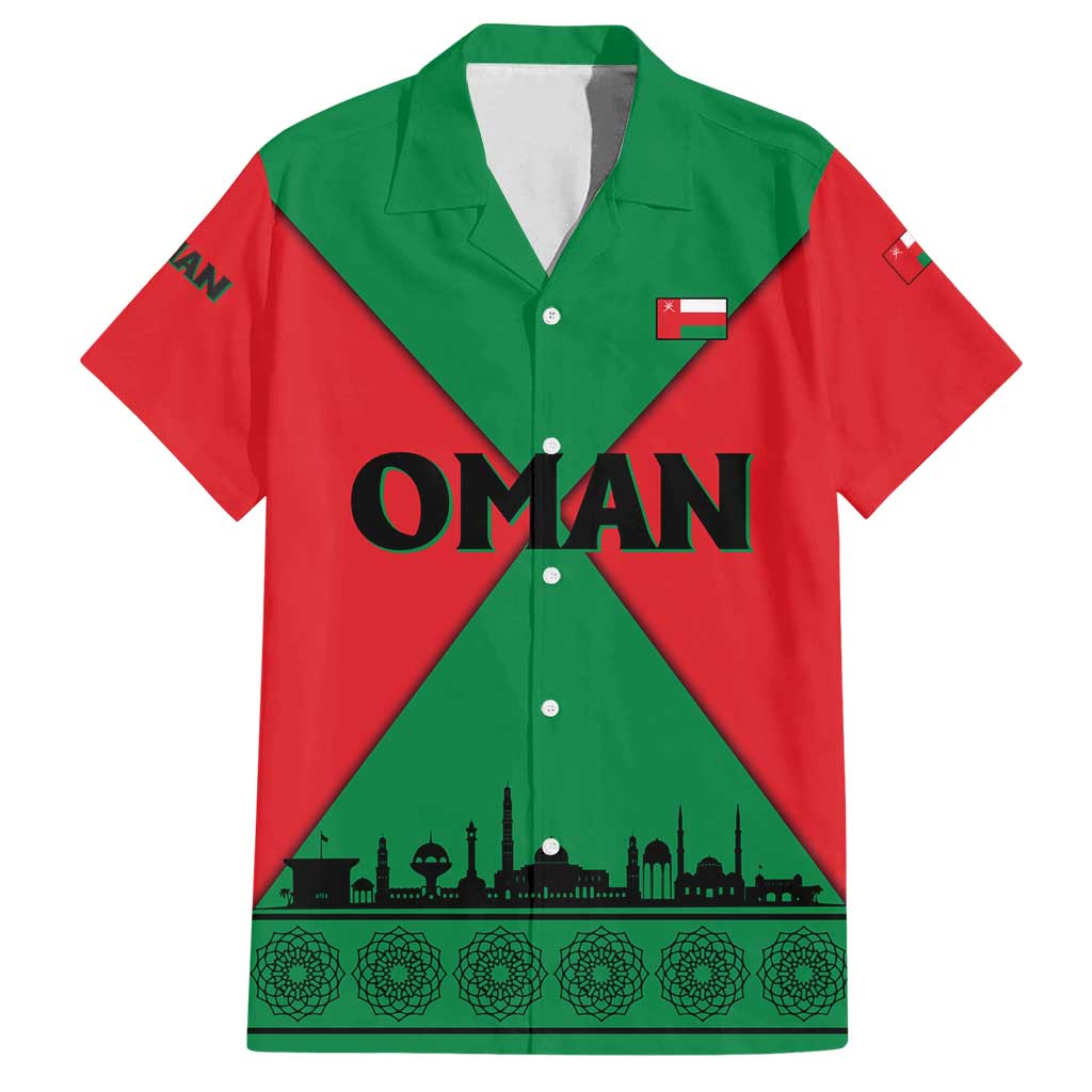 Oman Family Matching Off Shoulder Maxi Dress and Hawaiian Shirt with National Flag Colors and Crossed Khanjar Emblem Design
