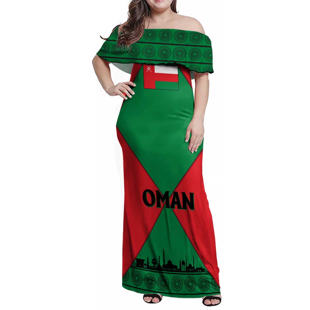 Oman Family Matching Off Shoulder Maxi Dress and Hawaiian Shirt with National Flag Colors and Crossed Khanjar Emblem Design
