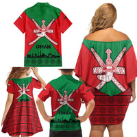 Oman Family Matching Off Shoulder Short Dress and Hawaiian Shirt with National Flag Colors and Crossed Khanjar Emblem Design