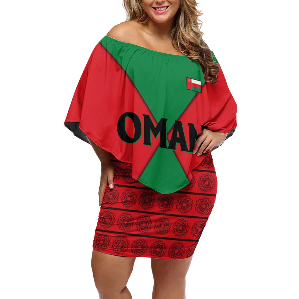 Oman Family Matching Off Shoulder Short Dress and Hawaiian Shirt with National Flag Colors and Crossed Khanjar Emblem Design