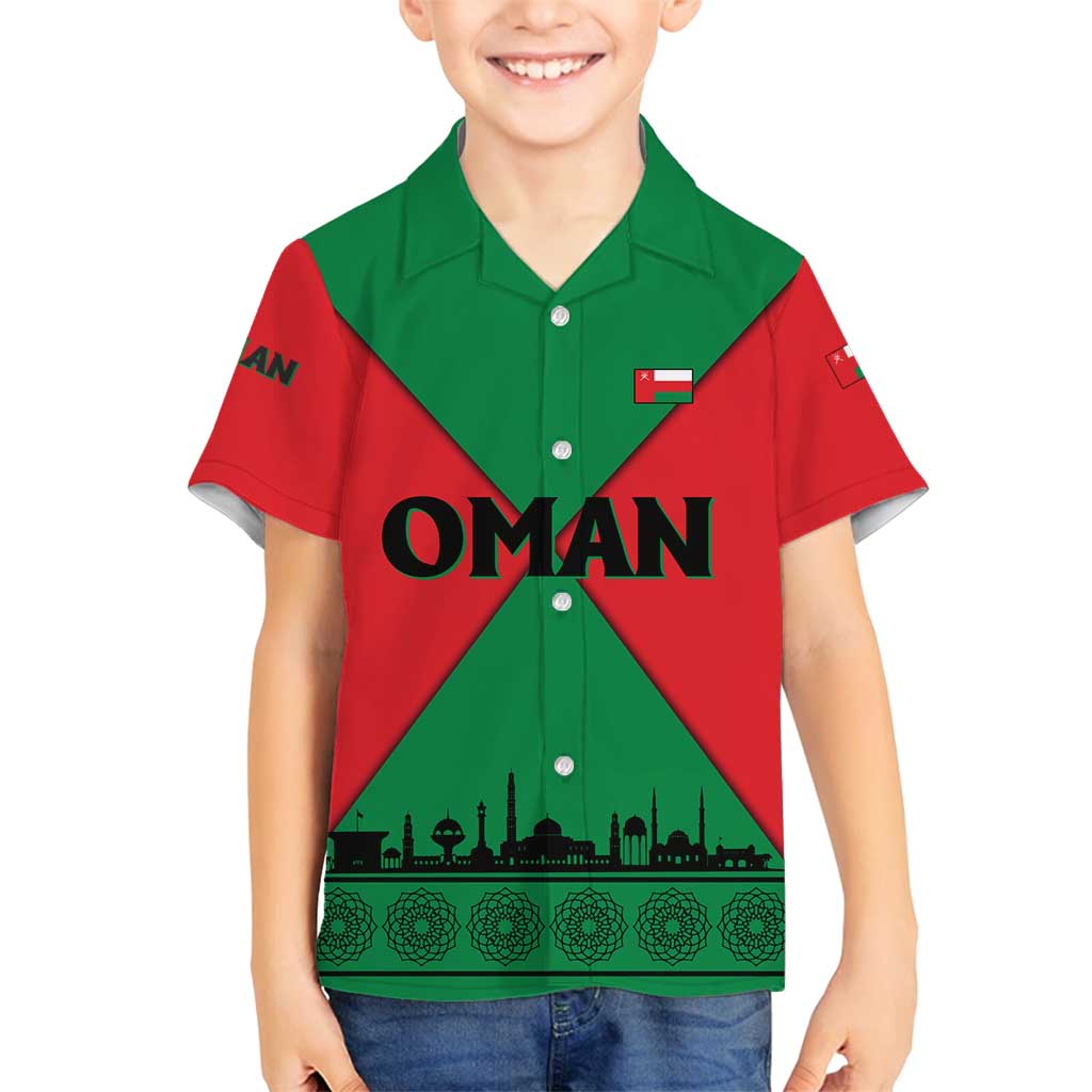Oman Family Matching Off Shoulder Short Dress and Hawaiian Shirt with National Flag Colors and Crossed Khanjar Emblem Design