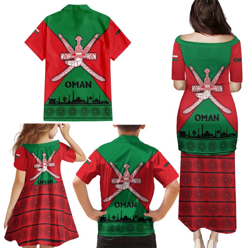 Oman Family Matching Puletasi and Hawaiian Shirt with National Flag Colors and Crossed Khanjar Emblem Design
