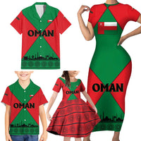 Oman Family Matching Short Sleeve Bodycon Dress and Hawaiian Shirt with National Flag Colors and Crossed Khanjar Emblem Design
