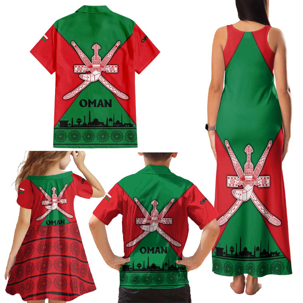 Oman Family Matching Tank Maxi Dress and Hawaiian Shirt with National Flag Colors and Crossed Khanjar Emblem Design