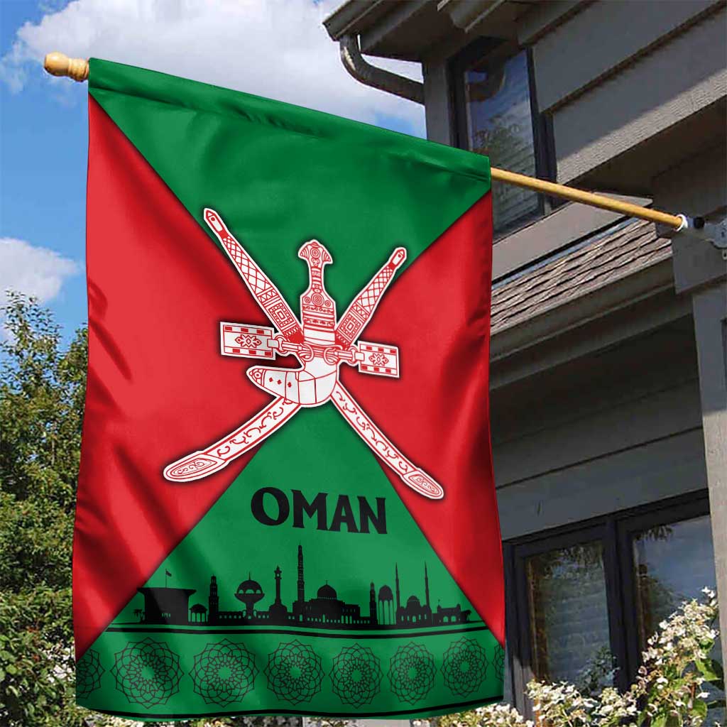 Oman Garden Flag with National Flag Colors and Crossed Khanjar Emblem Design