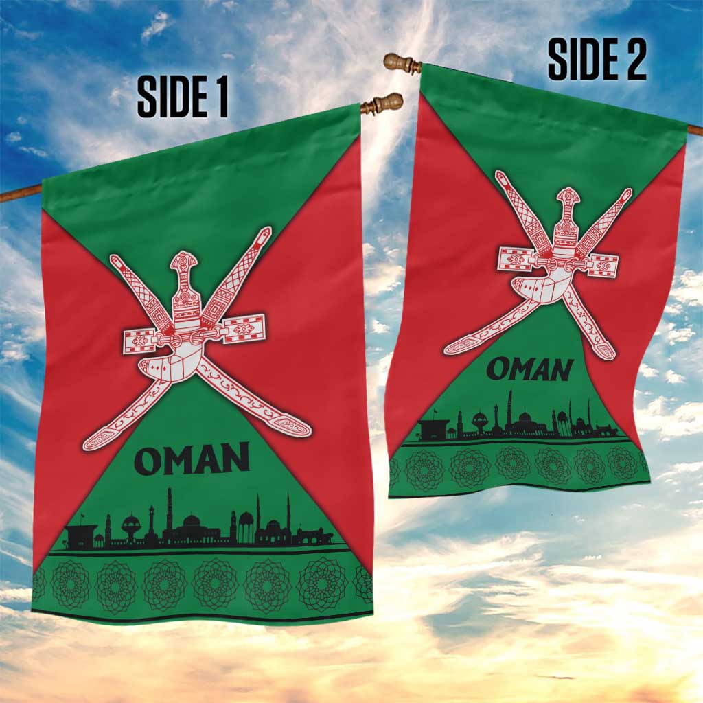 Oman Garden Flag with National Flag Colors and Crossed Khanjar Emblem Design