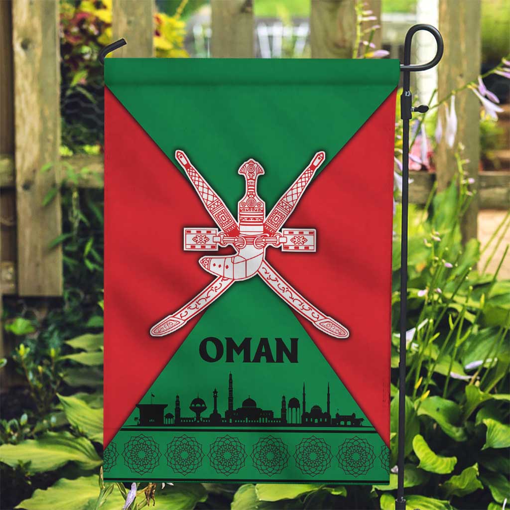Oman Garden Flag with National Flag Colors and Crossed Khanjar Emblem Design