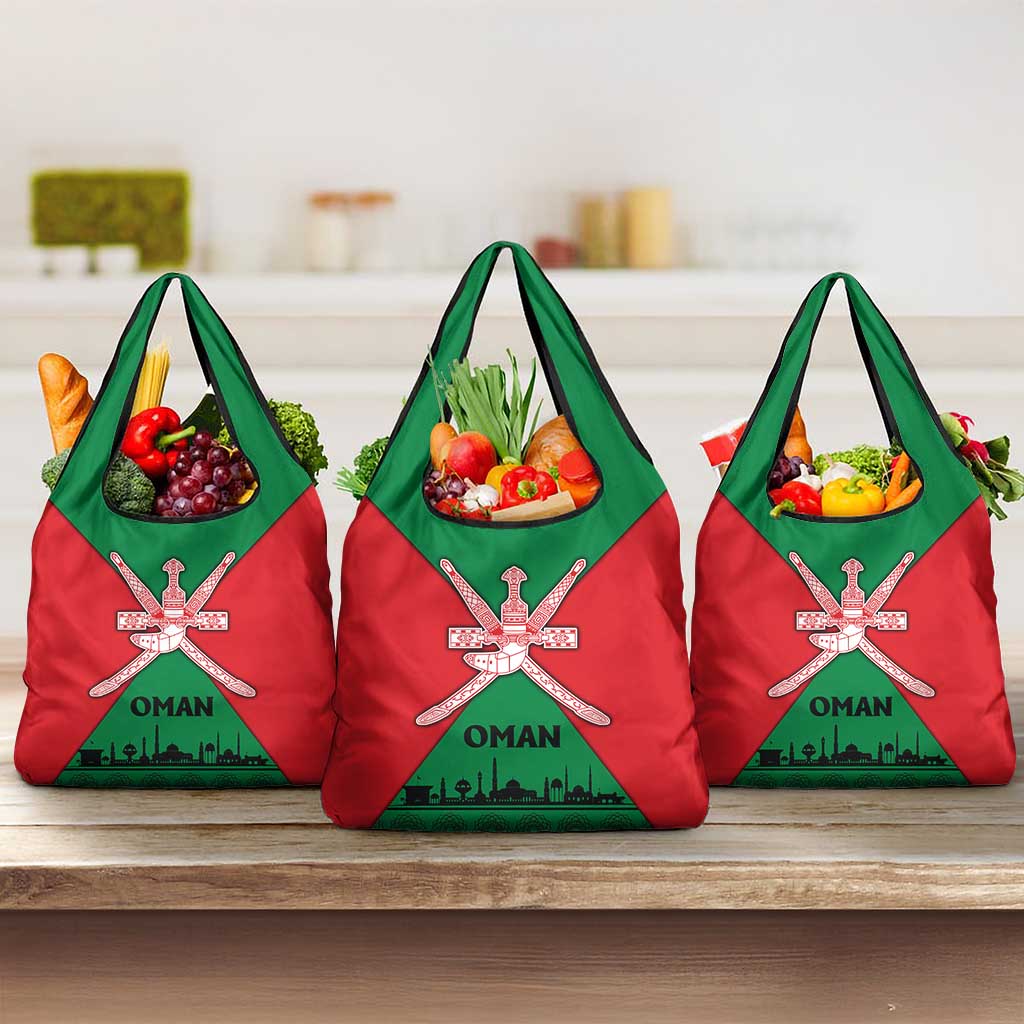 Oman Grocery Bag with National Flag Colors and Crossed Khanjar Emblem Design