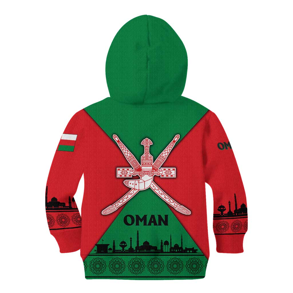 Oman Kid Hoodie with National Flag Colors and Crossed Khanjar Emblem Design