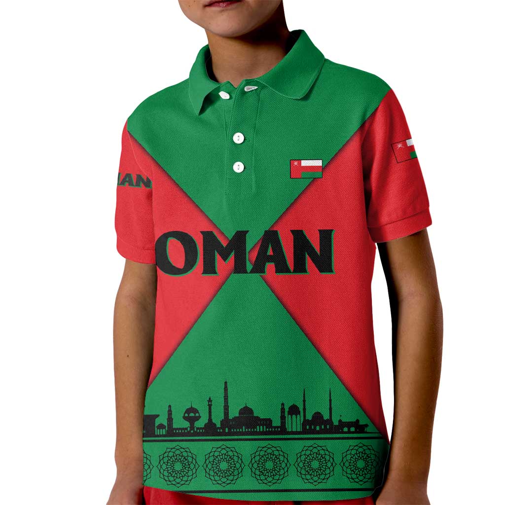 Oman Kid Polo Shirt with National Flag Colors and Crossed Khanjar Emblem Design