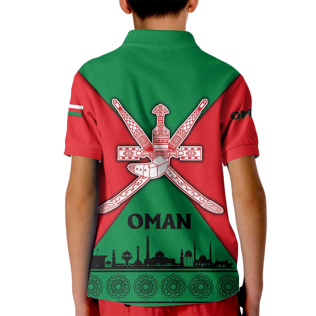 Oman Kid Polo Shirt with National Flag Colors and Crossed Khanjar Emblem Design