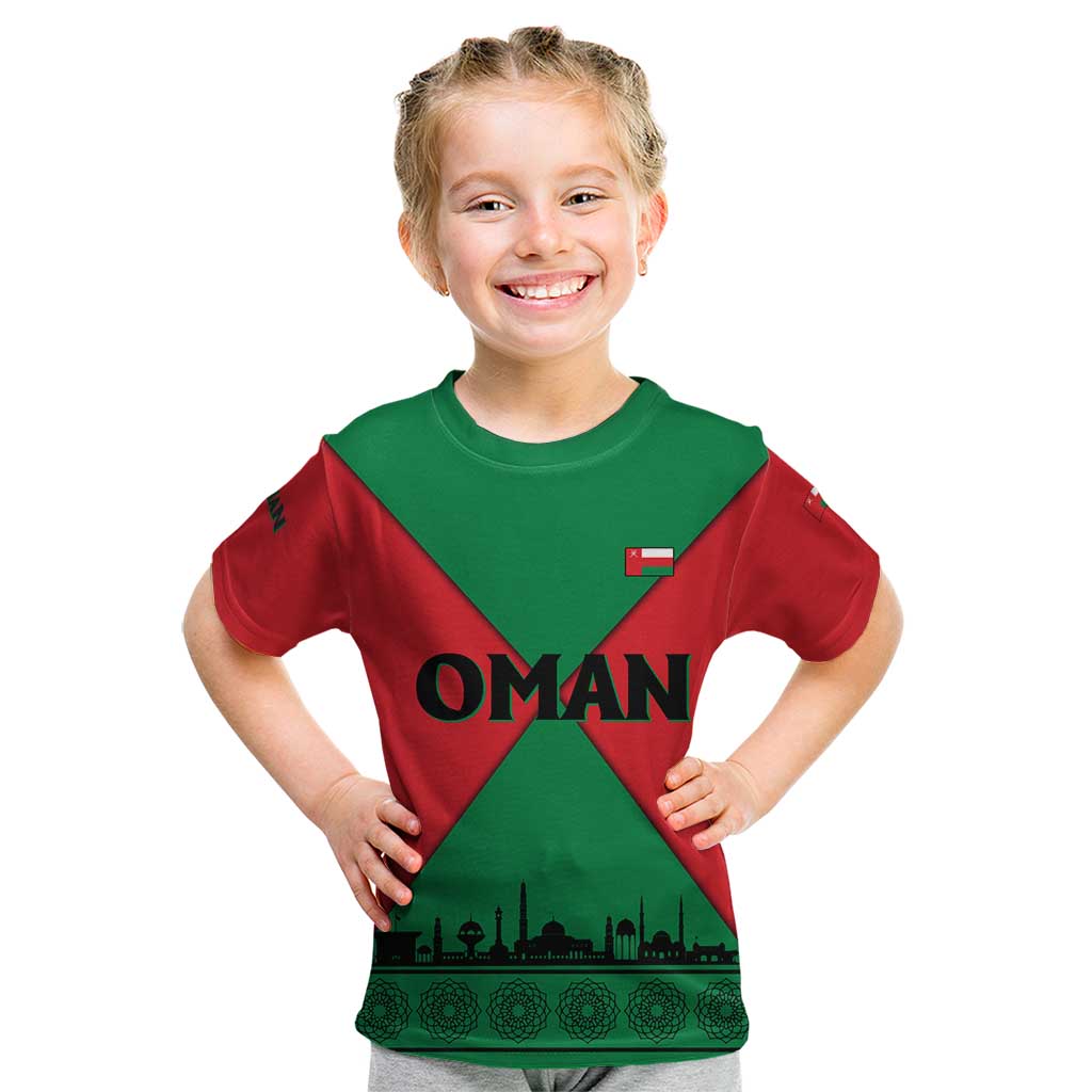 Oman Kid T Shirt with National Flag Colors and Crossed Khanjar Emblem Design