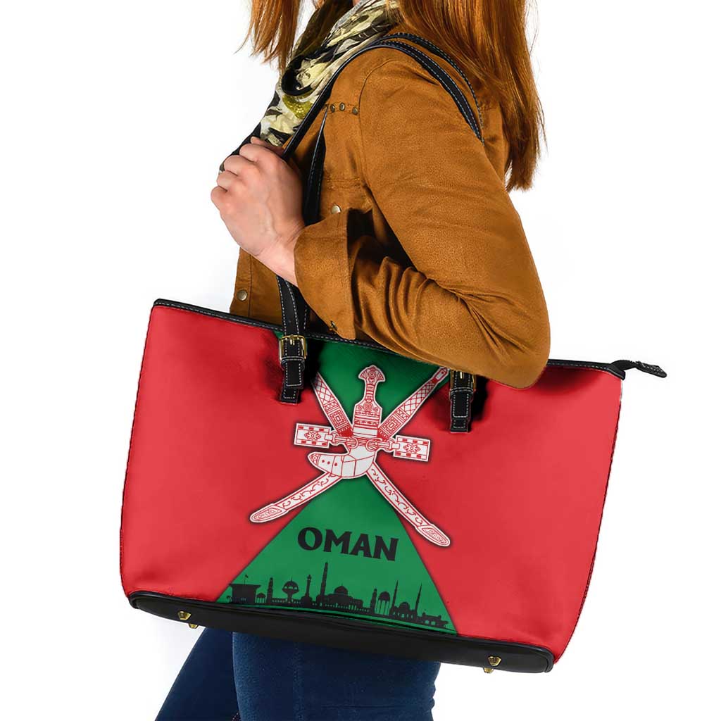 Oman Leather Tote Bag with National Flag Colors and Crossed Khanjar Emblem Design