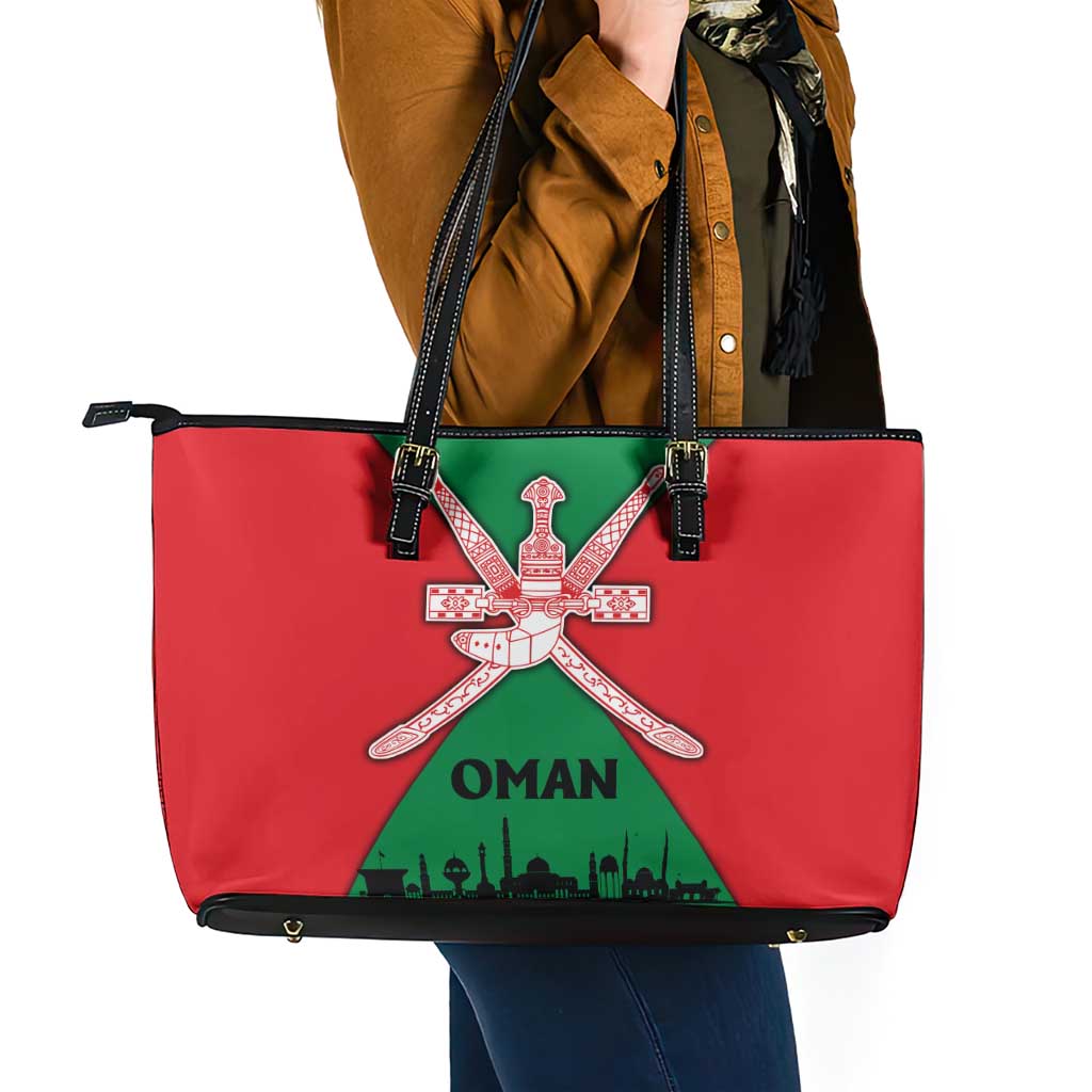 Oman Leather Tote Bag with National Flag Colors and Crossed Khanjar Emblem Design