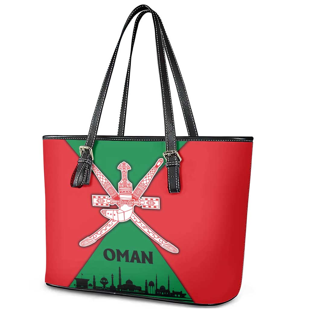 Oman Leather Tote Bag with National Flag Colors and Crossed Khanjar Emblem Design