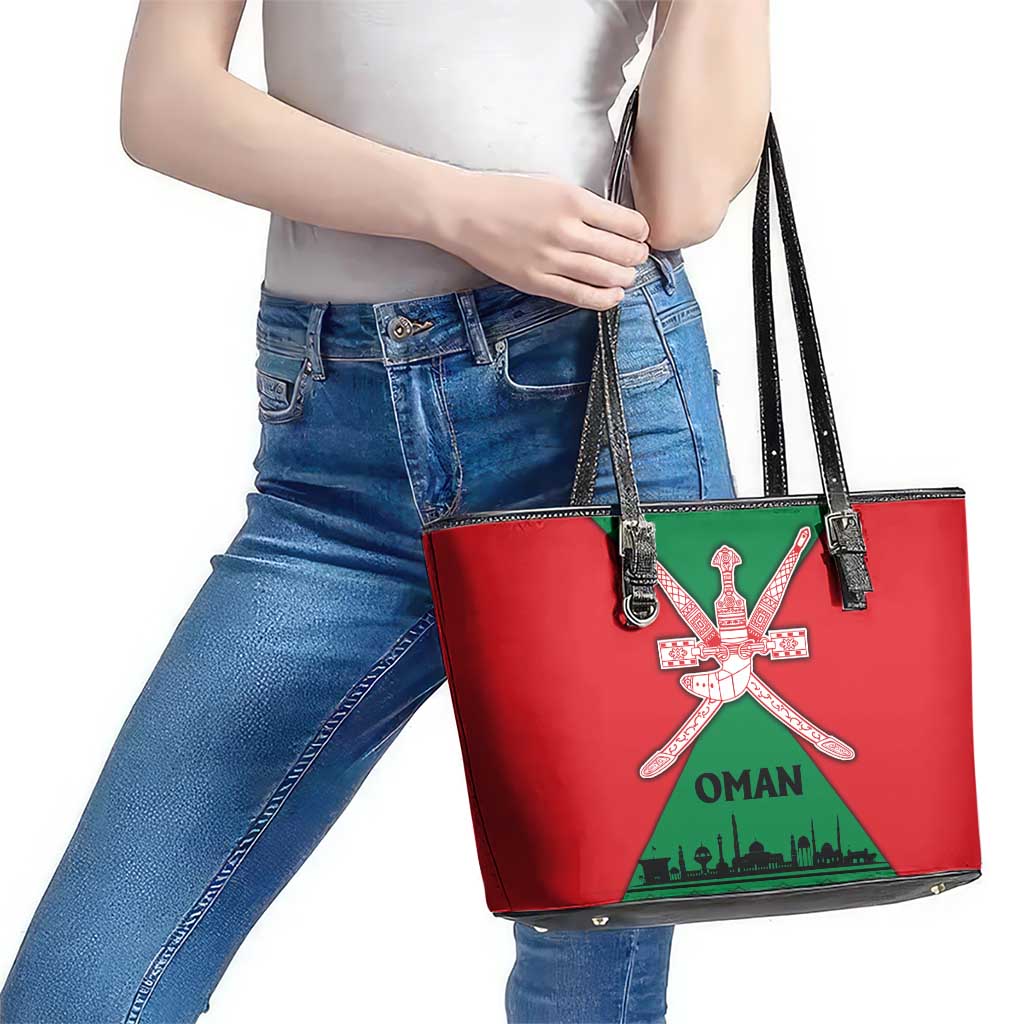Oman Leather Tote Bag with National Flag Colors and Crossed Khanjar Emblem Design