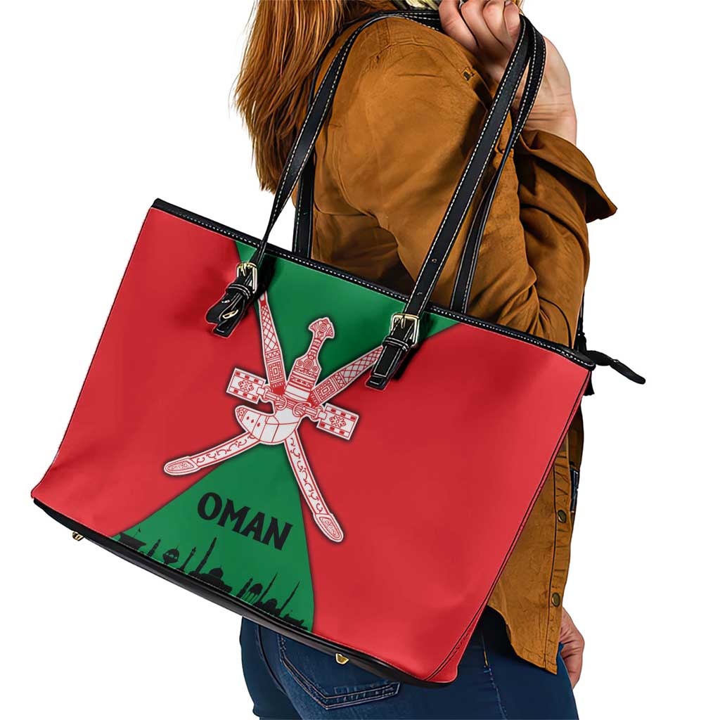 Oman Leather Tote Bag with National Flag Colors and Crossed Khanjar Emblem Design