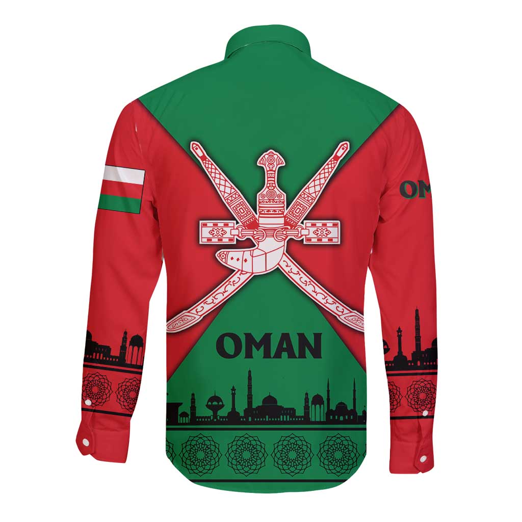 Oman Long Sleeve Button Shirt with National Flag Colors and Crossed Khanjar Emblem Design