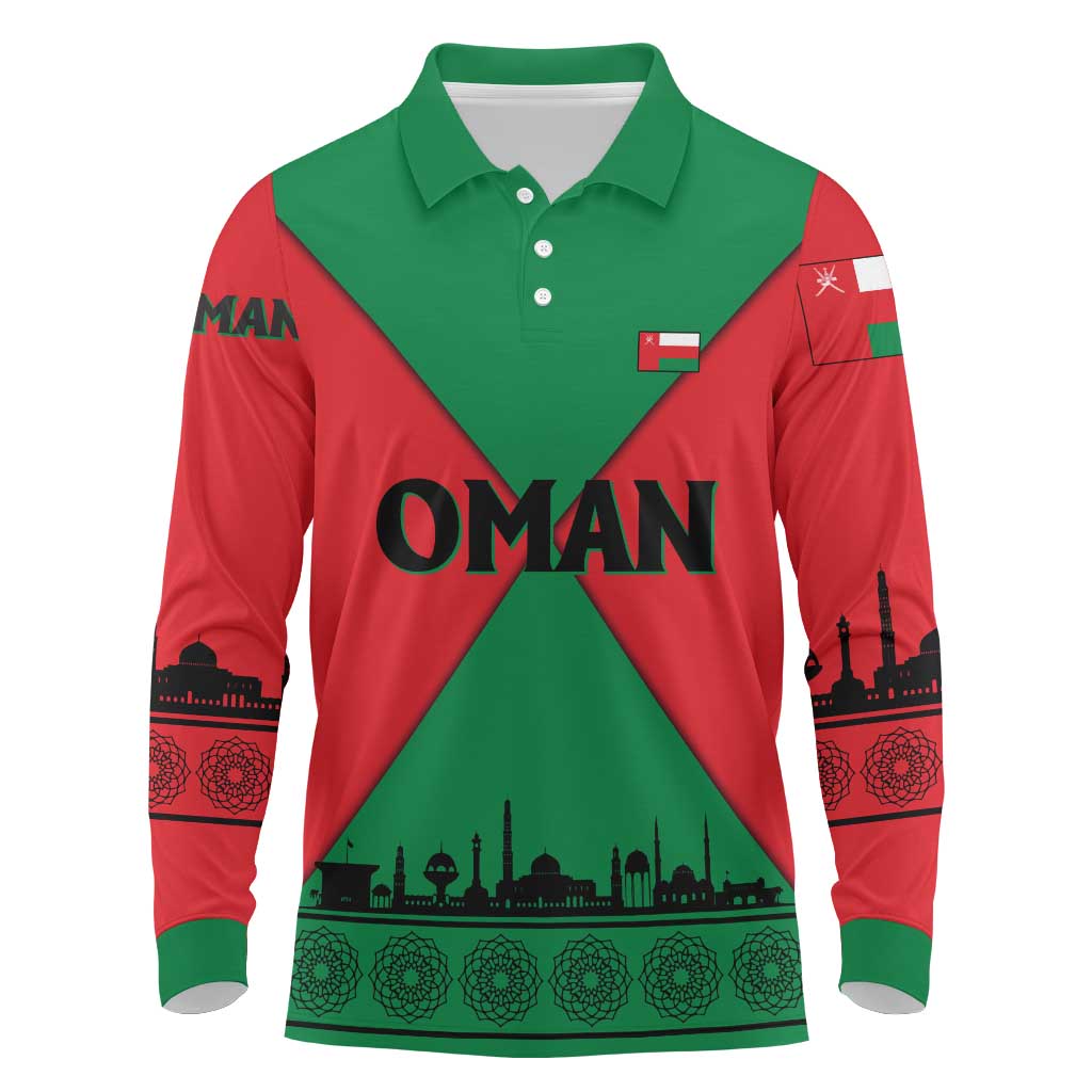 Oman Long Sleeve Polo Shirt with National Flag Colors and Crossed Khanjar Emblem Design