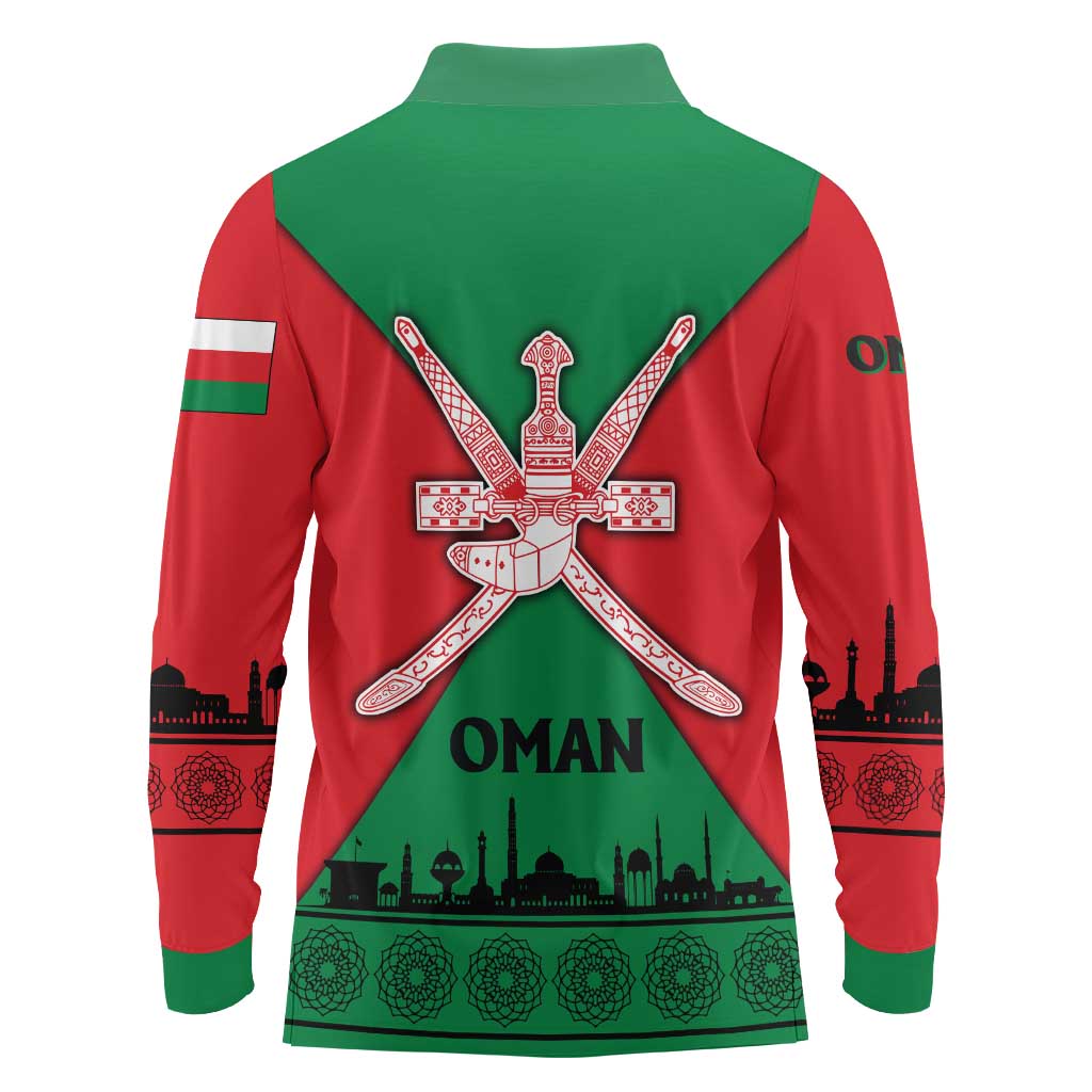 Oman Long Sleeve Polo Shirt with National Flag Colors and Crossed Khanjar Emblem Design