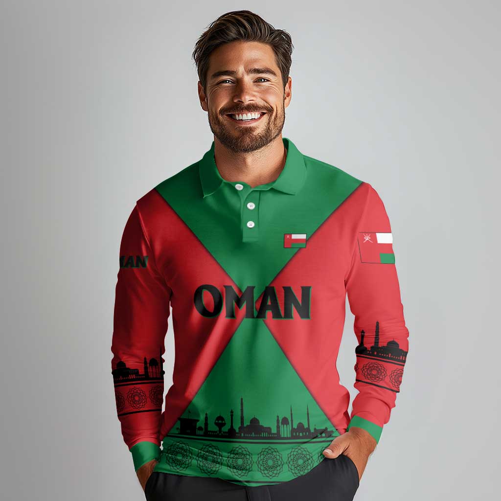 Oman Long Sleeve Polo Shirt with National Flag Colors and Crossed Khanjar Emblem Design