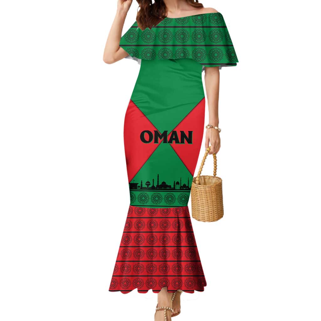 Oman Mermaid Dress with National Flag Colors and Crossed Khanjar Emblem Design