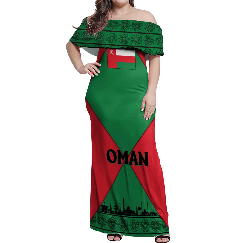 Oman Off Shoulder Maxi Dress with National Flag Colors and Crossed Khanjar Emblem Design