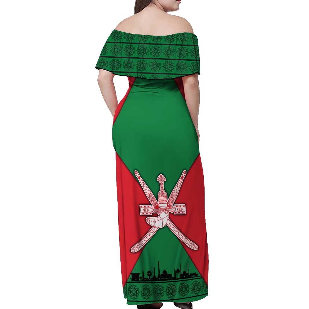 Oman Off Shoulder Maxi Dress with National Flag Colors and Crossed Khanjar Emblem Design
