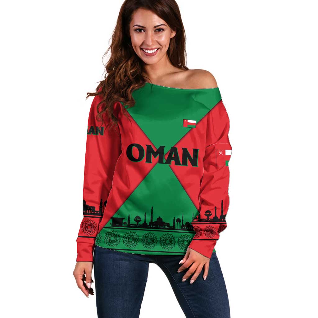 Oman Off Shoulder Sweater with National Flag Colors and Crossed Khanjar Emblem Design