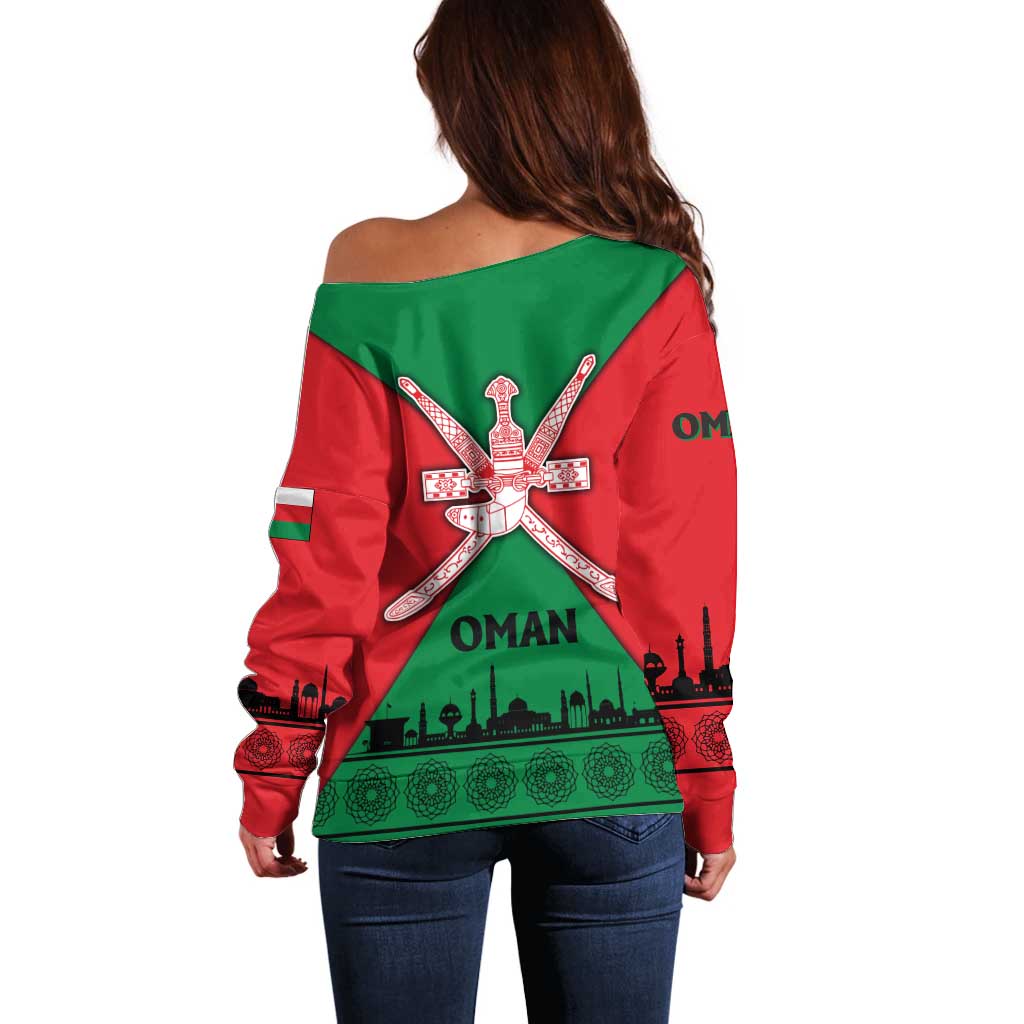 Oman Off Shoulder Sweater with National Flag Colors and Crossed Khanjar Emblem Design