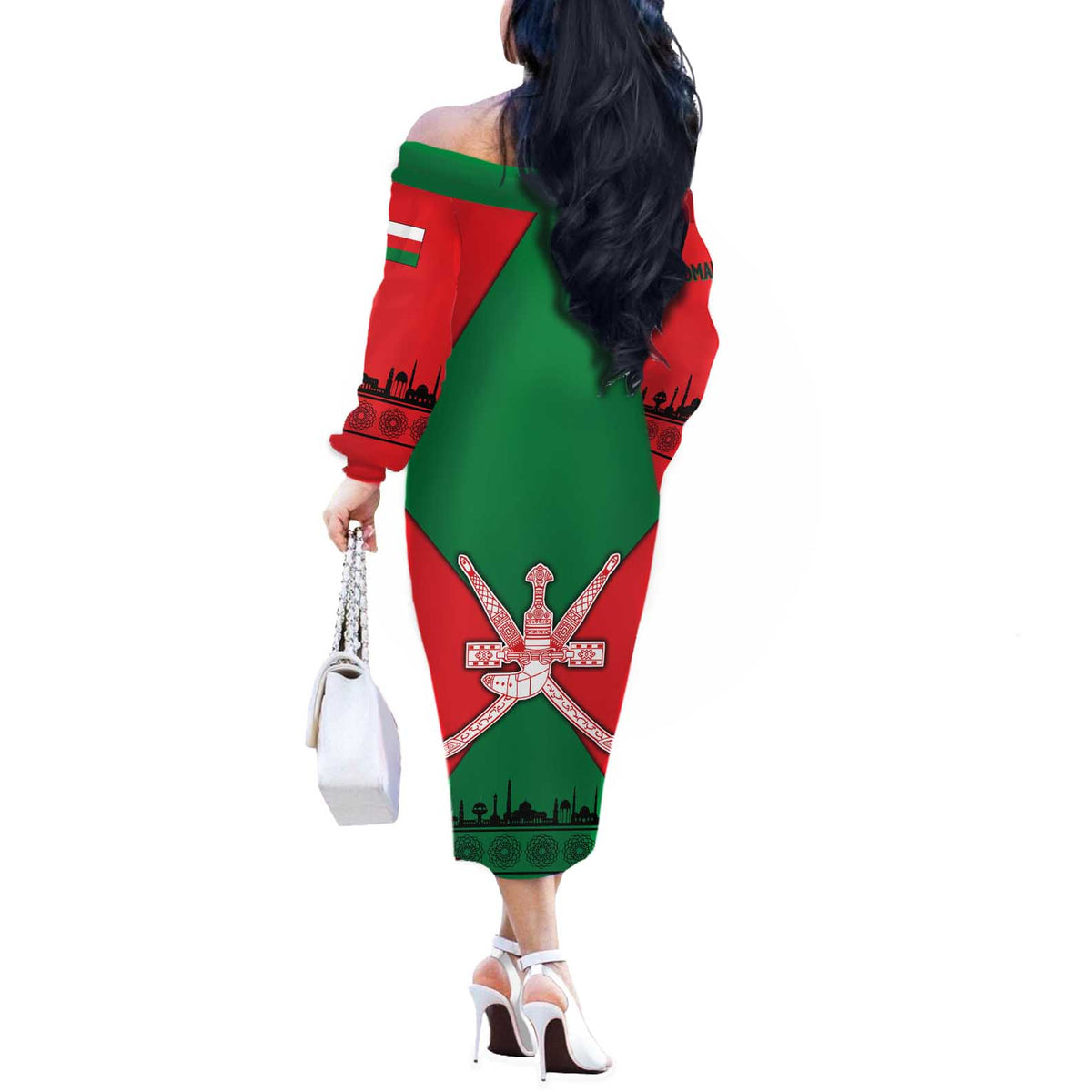 Oman Off The Shoulder Long Sleeve Dress with National Flag Colors and Crossed Khanjar Emblem Design